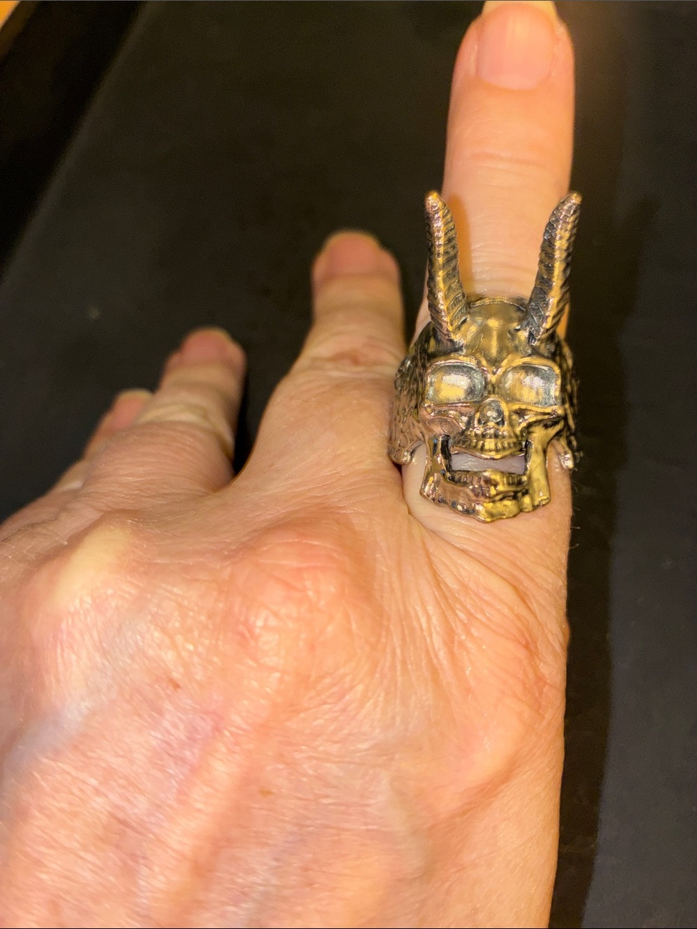 Men's Horned Skull Statement Ring in Silver